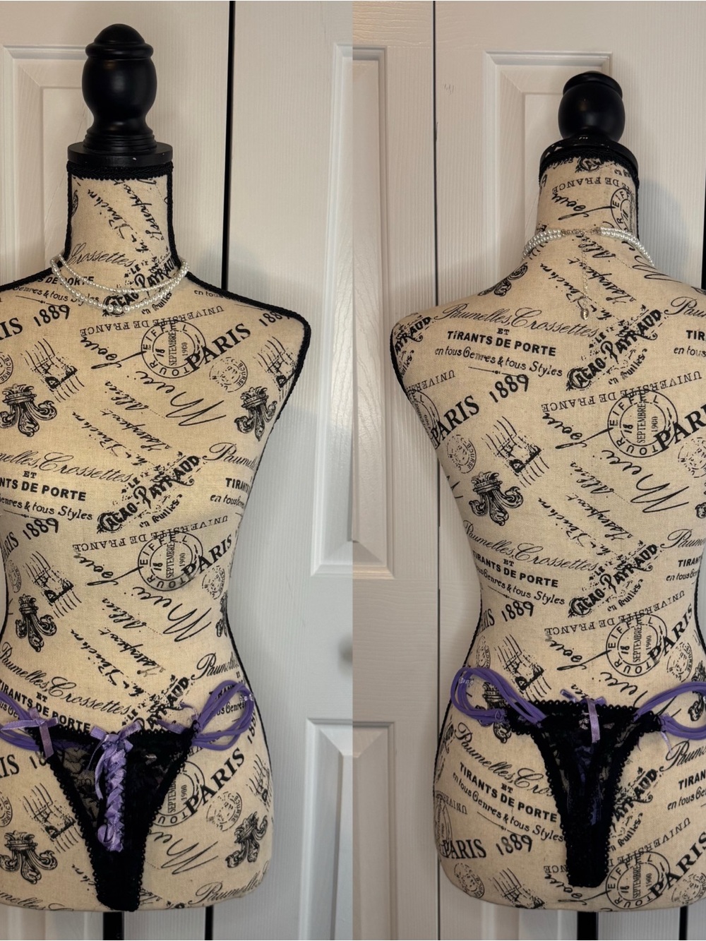 Sheer Lace Thong with Purple Satin Ribbon